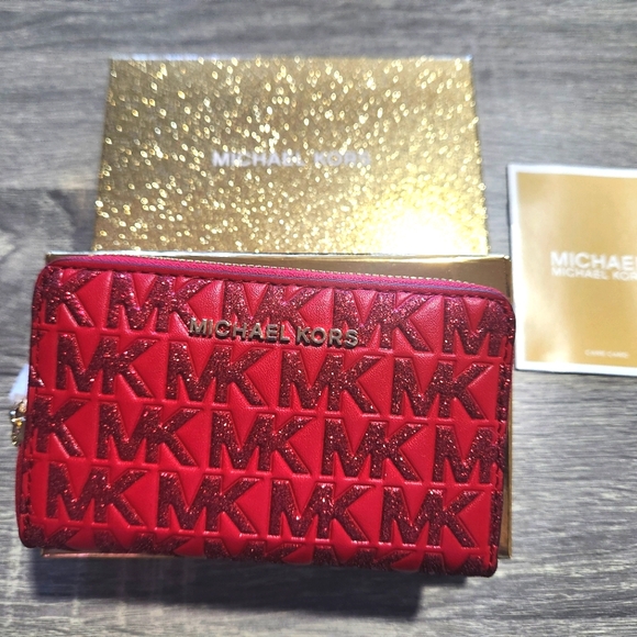Michael Kors Jet Set Small Zip Around Card Case Wallet - Crimson Red - Picture 2 of 6